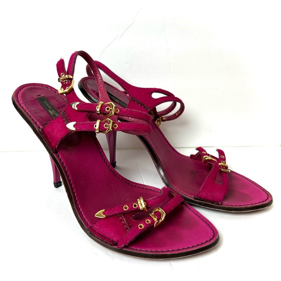 Louis Vuitton Vintage Pony Hair Sandal Heels with Gold Buckles Pink - Picture 2 of 9
